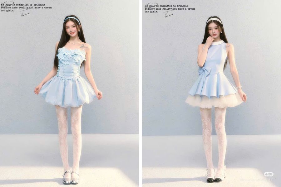 Váy công chúa màu xanh nhạt phối cùng tất ren nữ tính