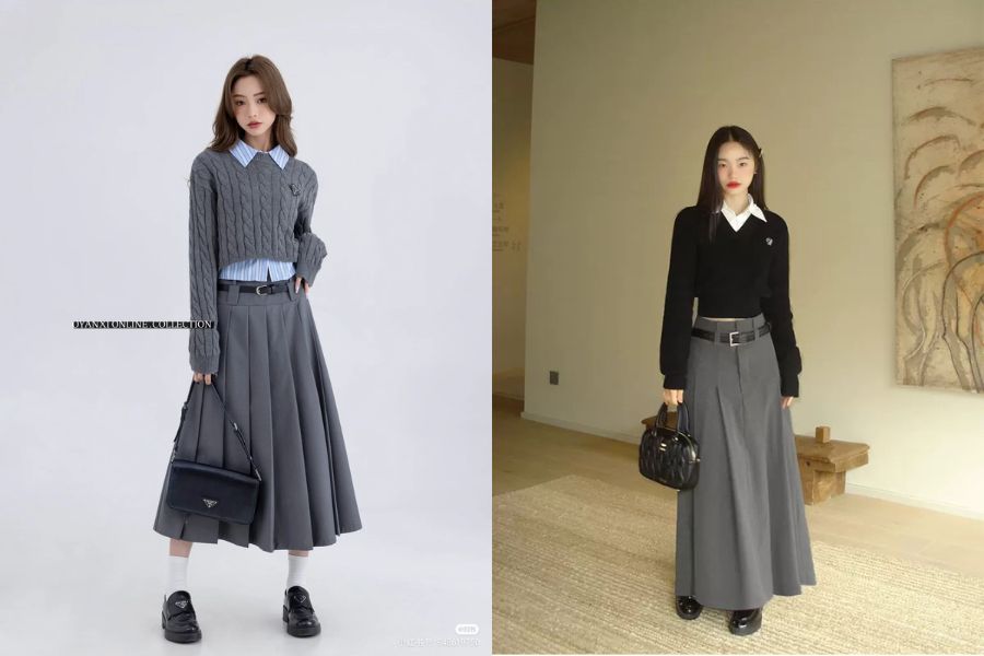 Áo len cổ sơ mi phối chân váy dáng dài