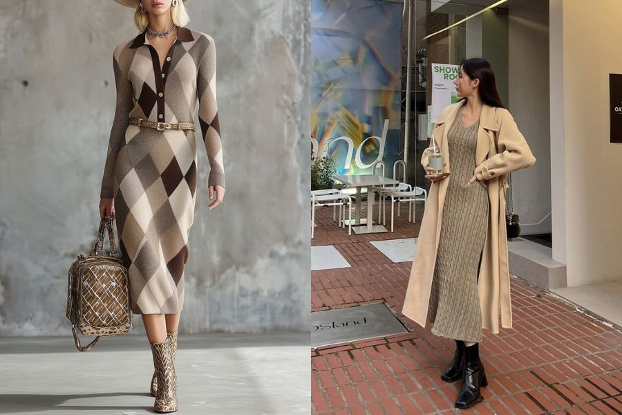 Váy len họa tiết ô kim cương phối trench coat