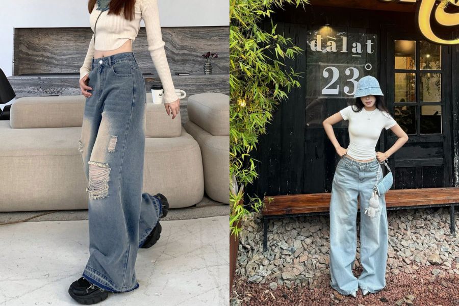 Quần Jeans rách phối với áo thun