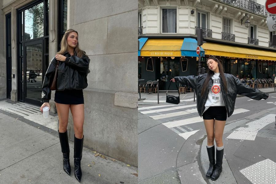 Áo khoác da kết hợp cùng quần short và boots cao cổ