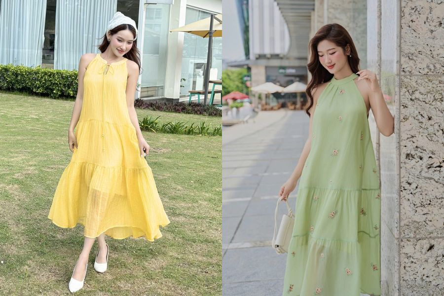 Thiết kế cổ yếm giúp khoe khéo đôi vai thon thả và tấm lưng trần