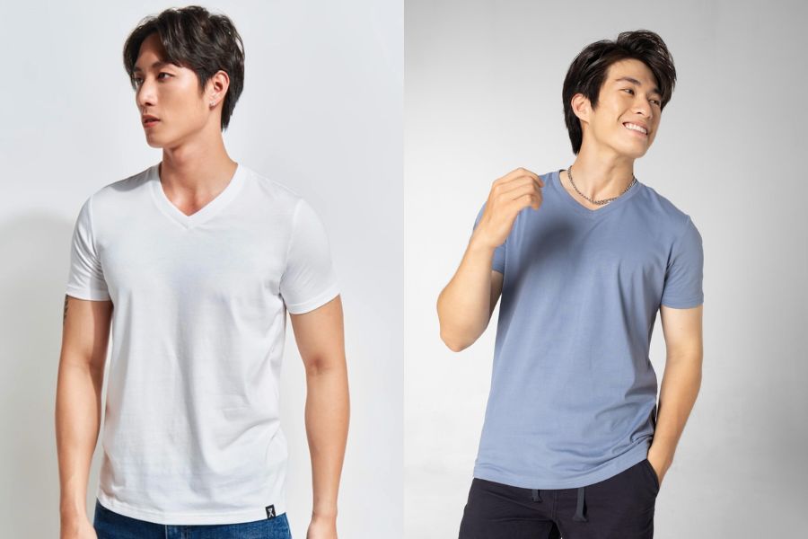 áo thun mỏng cổ tim phối quần chinos