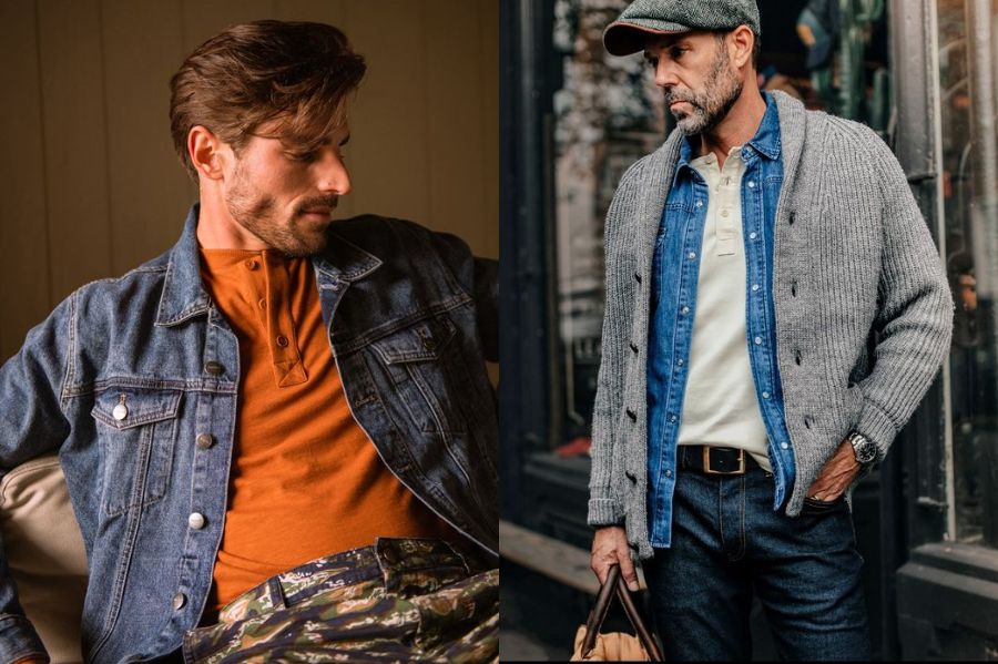 Áo Denim phối với áo Henley bụi bặm cực kỳ hack tuổi cho các quý ông 