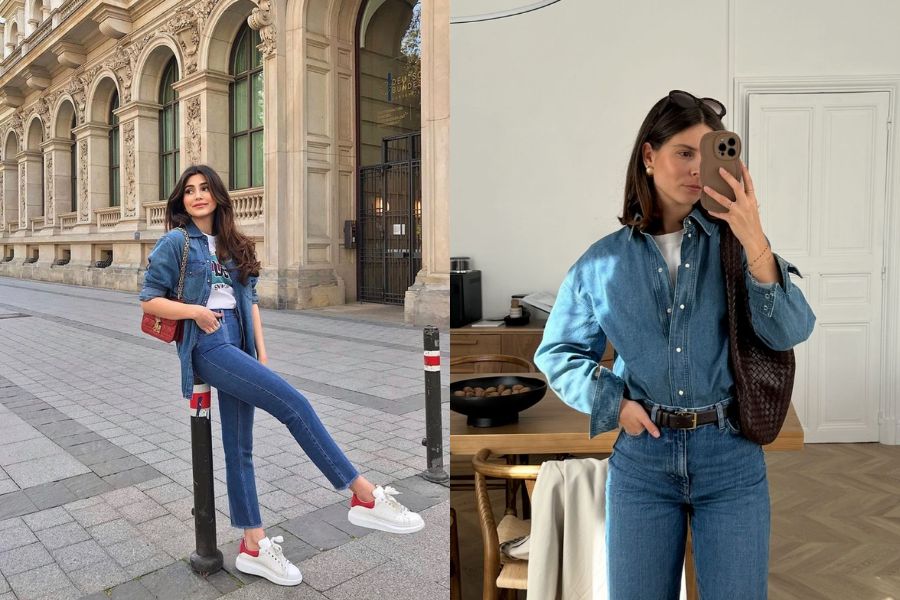 Khoác sơ mi denim với áo croptop và quần skinny