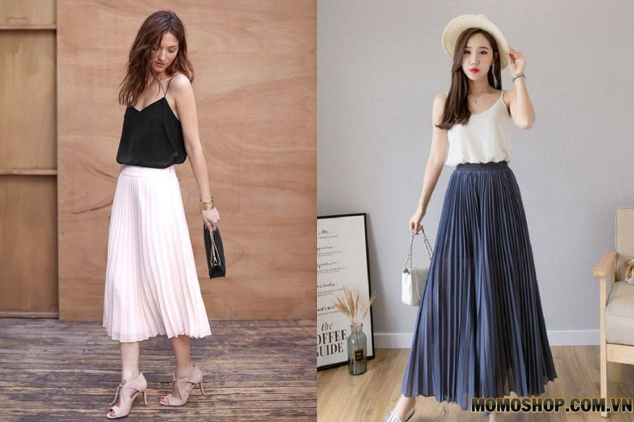 Chân váy xếp ly và áo hai dây lụa