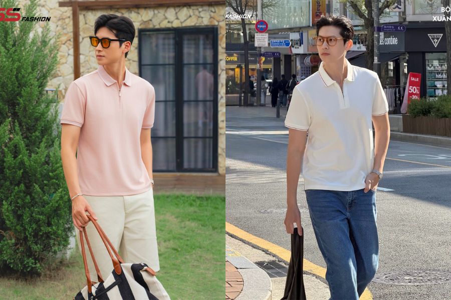 Áo Polo Nam 5S Fashion cổ khóa zipper vải vân sọc