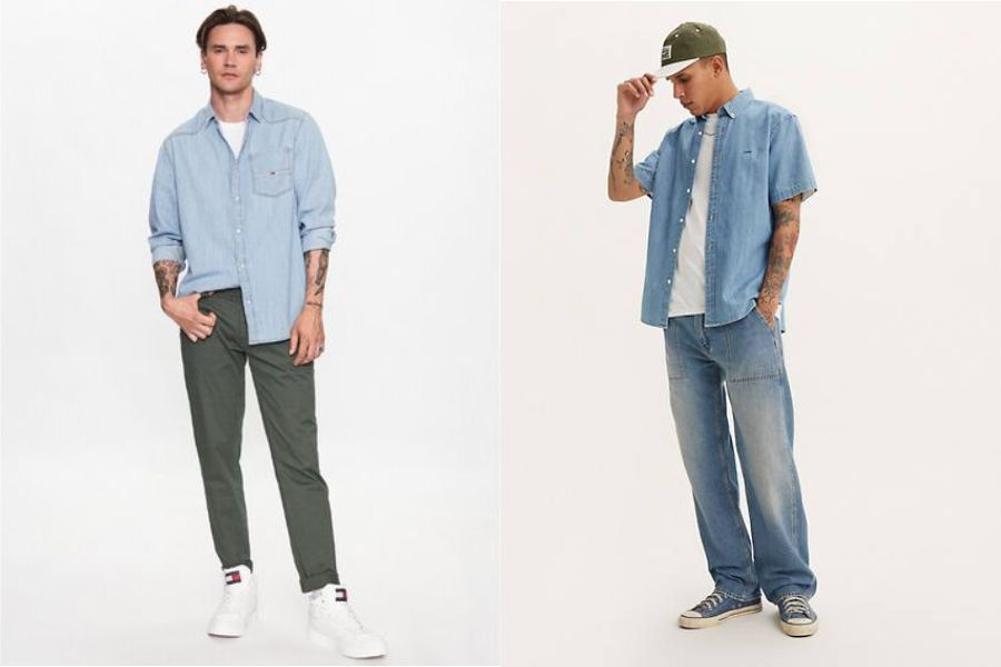 Áo sơ mi vải denim và áo thun năng động