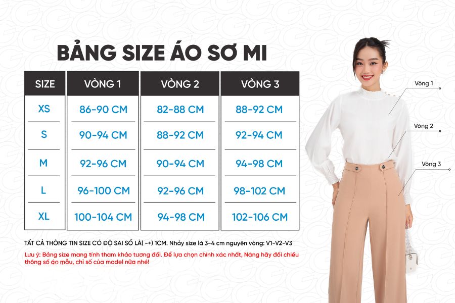 Bảng size áo sơ mi nữ theo số đo