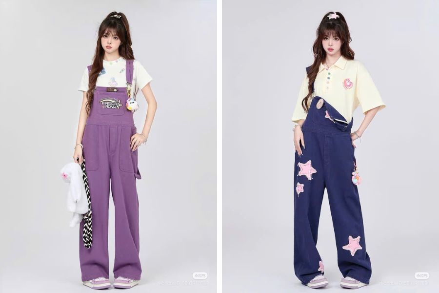 Phối yếm bò phong cách với áo thun ngắn tay sáng màu