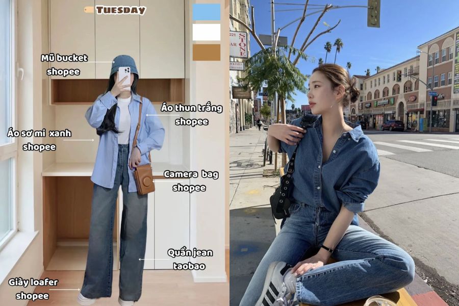 Áo sơ mi phối quần Jeans baggy