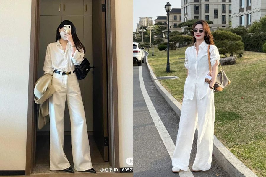 Áo sơ mi xắn tay phối quần Jean ống suông