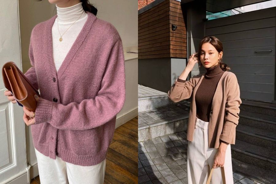 Áo len cổ lọ phối áo cardigan