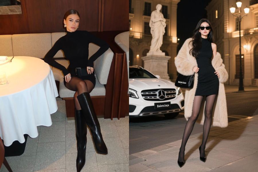 Quần tất đen phối váy ôm body