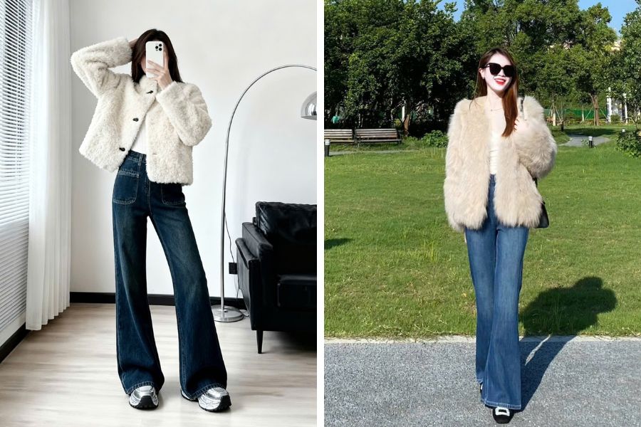 Sự kết hợp hoàn hảo giữa áo lông màu trắng cùng quần jeans ống rộng, ống loe