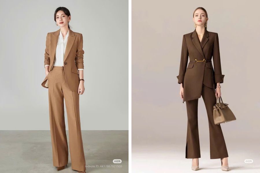 Mẫu vest lịch sự tông nâu sáng và nâu tối mix với túi trapeze cùng màu