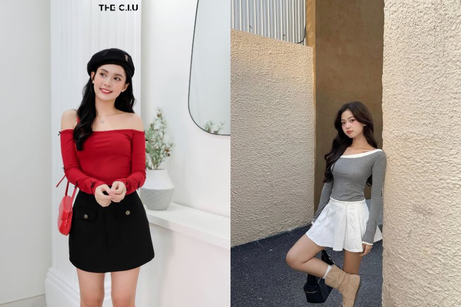 Áo trễ vai phối chân váy ngắn trẻ trung