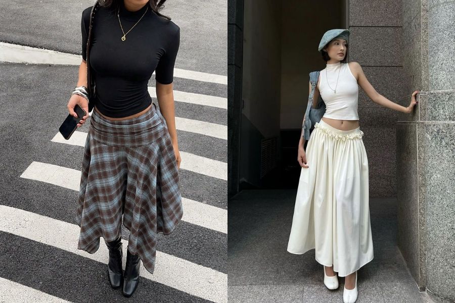 Midi Skirt có khả năng che khuyết điểm đôi chân cực tốt và rất dễ ứng dụng