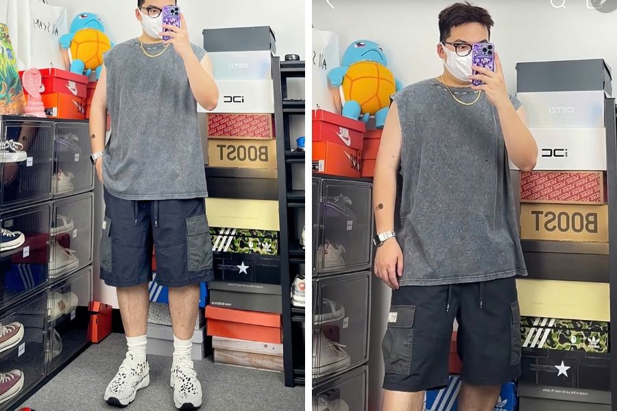 Outfit hè năng động khi phối quần short nam cho người mập với áo tanktop