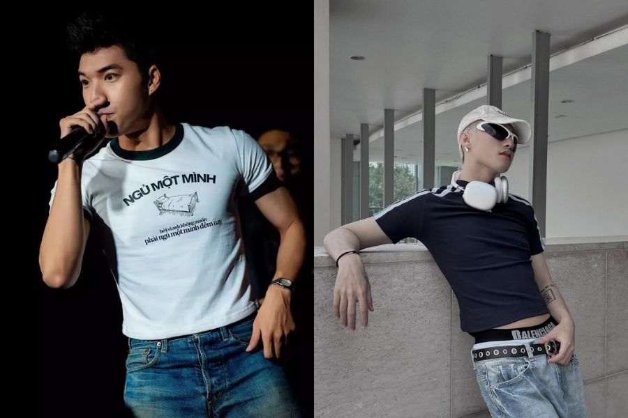 Áo thun bó sát + quần jean ống rộng