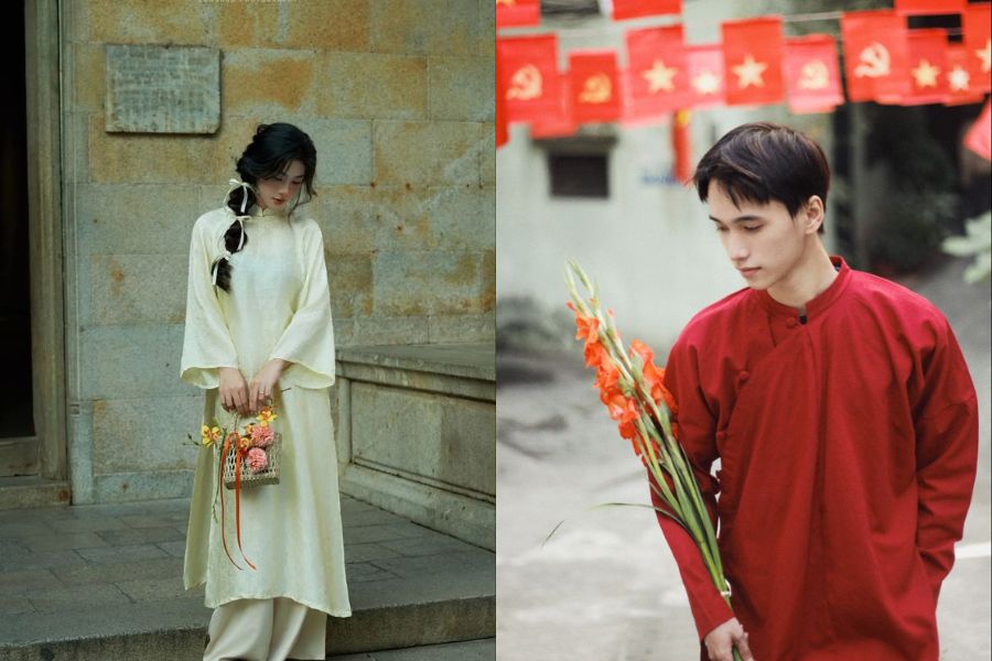 Tạo dáng chụp ảnh áo dài Tết cúi đầu nhẹ