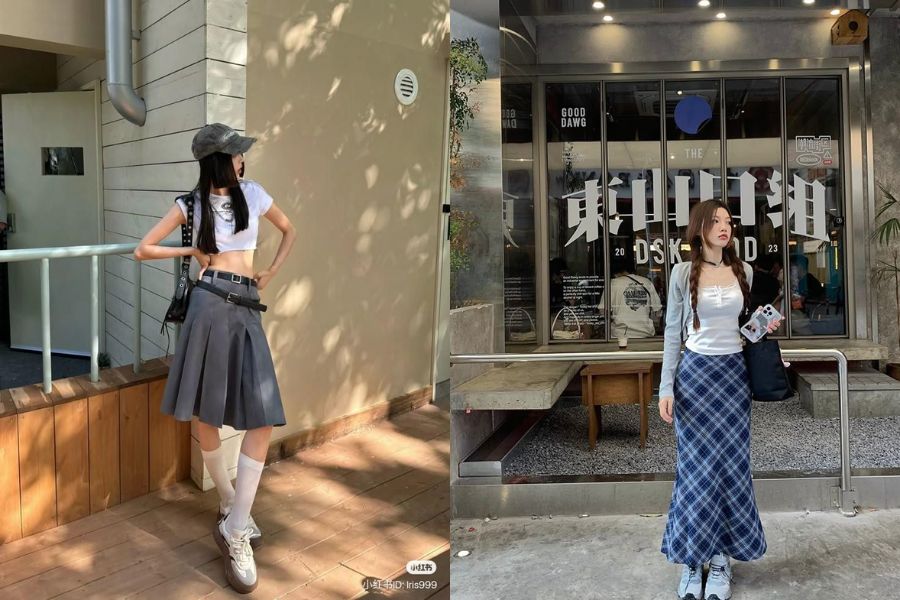 Áo lửng croptop mix chân váy dài