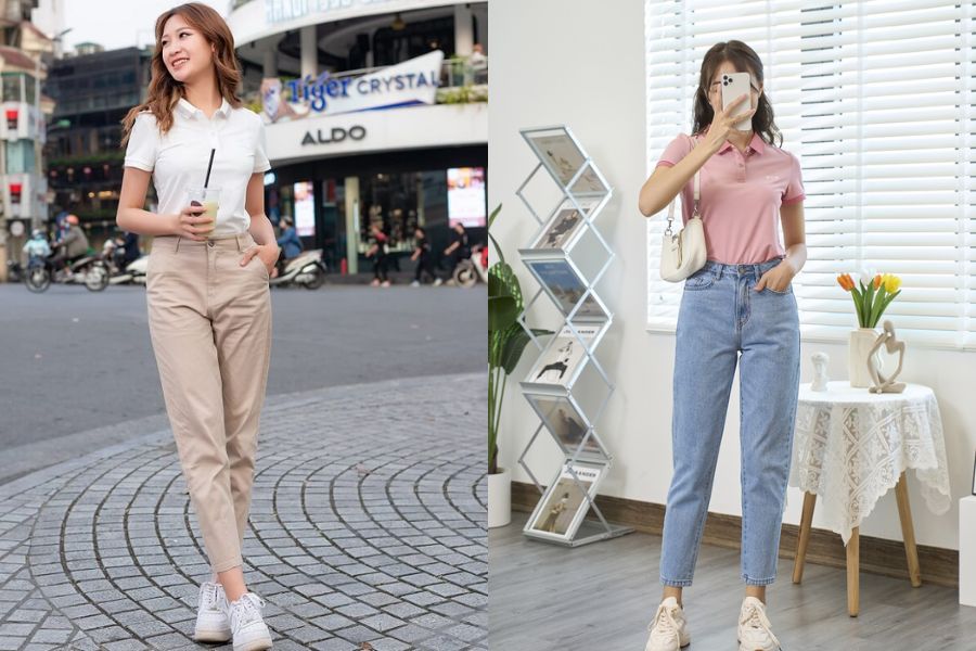 Áo polo phối quần baggy