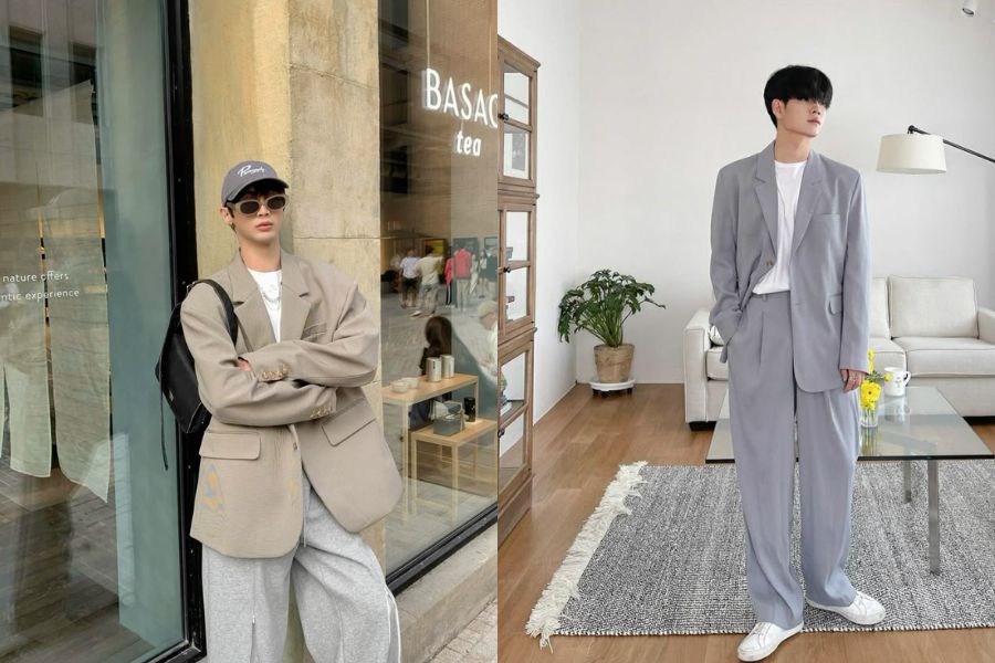 Blazer sáng màu phối cùng áo thun cổ tròn