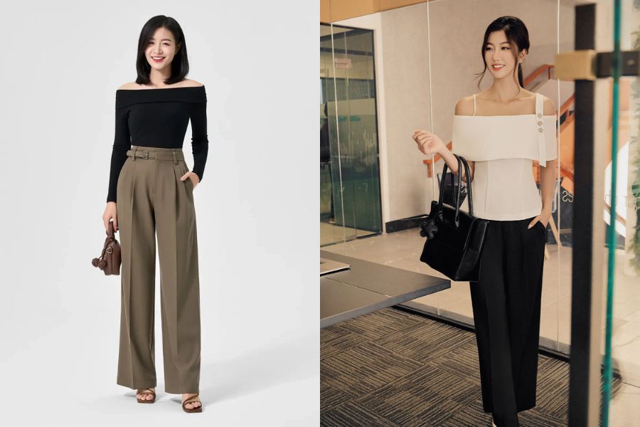 Phối quần ống suông với áo trễ vai