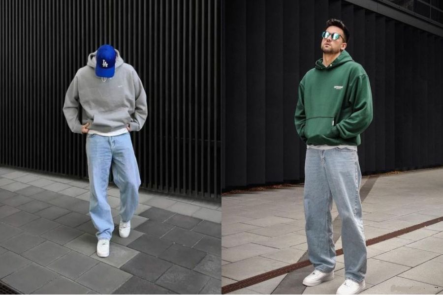 Quần jean xanh nhạt mix áo hoodie