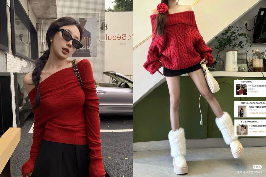 Áo len trễ vai màu đỏ và chân váy dạ