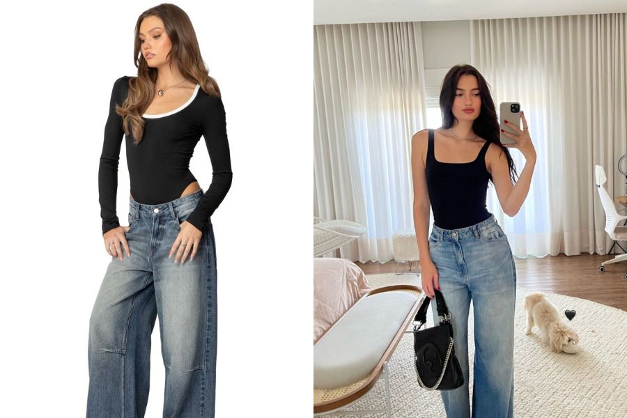 Quần jeans phối áo bodysuit tôn dáng