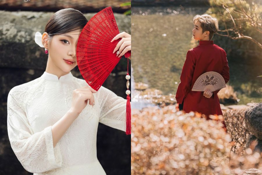 Tạo dáng chụp ảnh áo dài Tết với quạt cầm tay