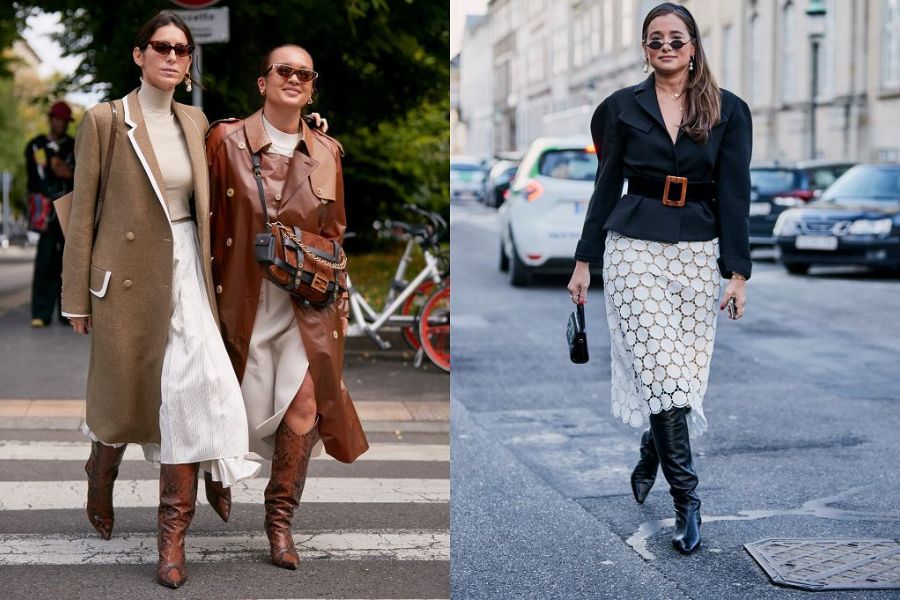 Giày boots cao gối phối cùng chân váy midi