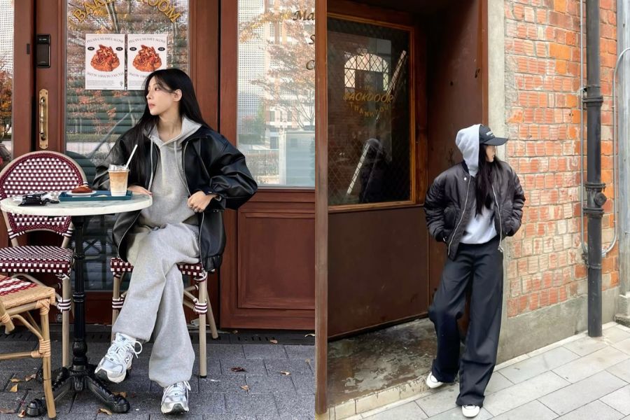 Phối với áo khoác da layer ngoài hoodie