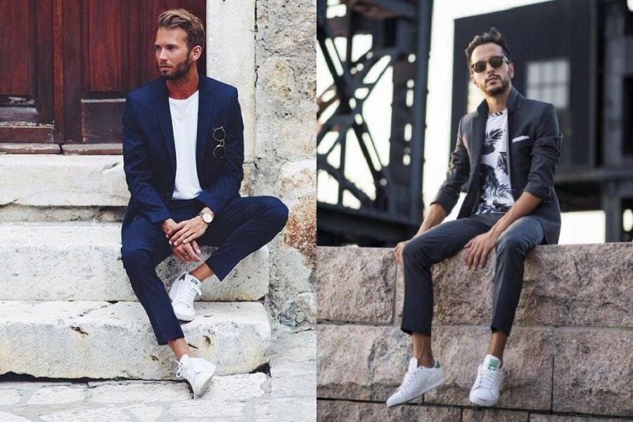 Vest kết hợp với áo thun và giày Stan Smith