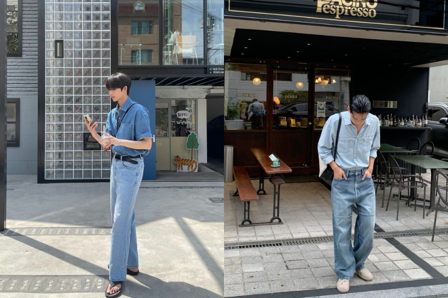 Áo sơ mi denim và quần jeans bạc màu
