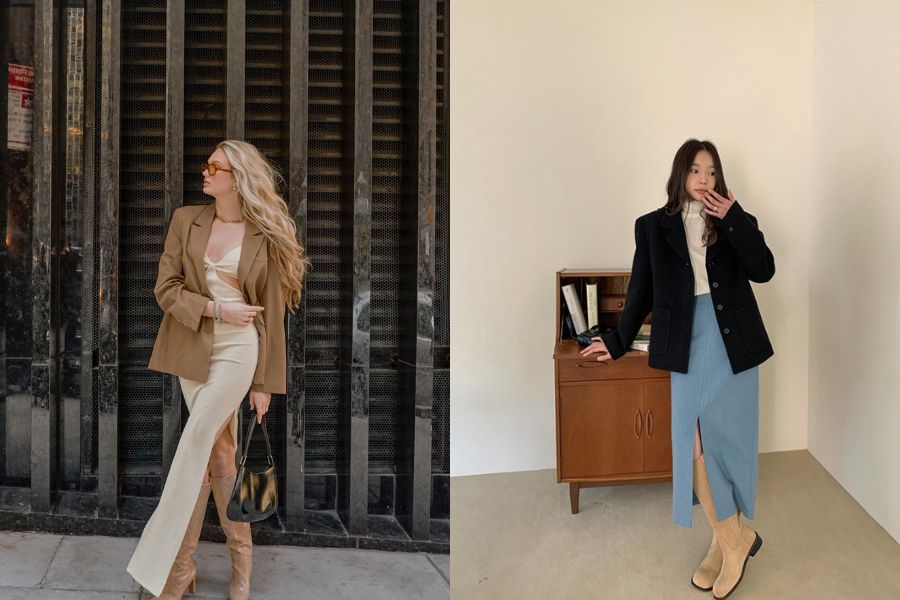 Áo blazer phối chân váy xẻ tà