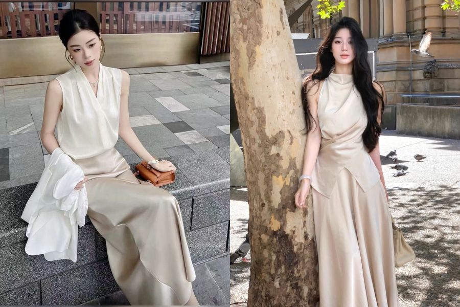 phối đồ với váy lụa chụp ảnh tết