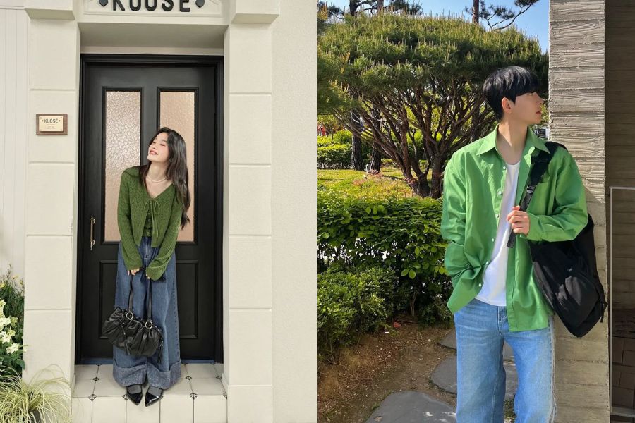 outfit xanh lá phối màu denim