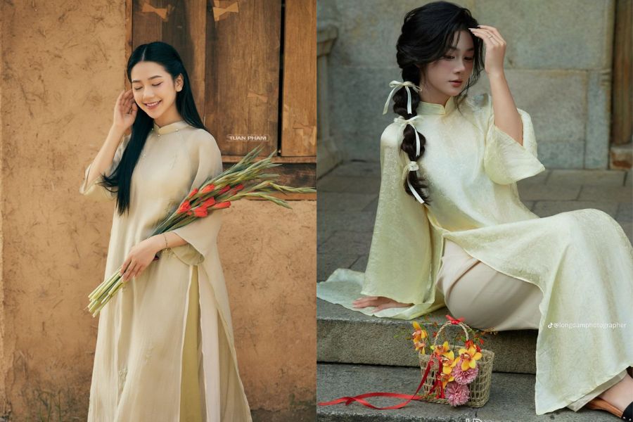 Tạo dáng chụp ảnh áo dài Tết vén tóc nhẹ nhàng