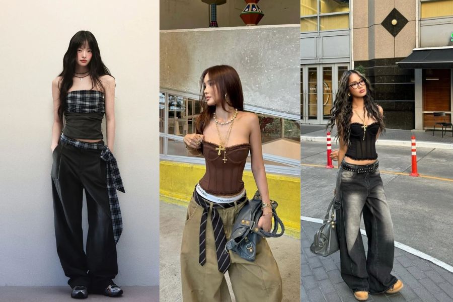Quần Jean baggy nữ phối áo quây cá tính