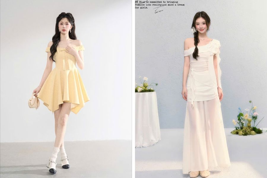 Đầm trễ vai màu sắc tươi tắn cho year end party