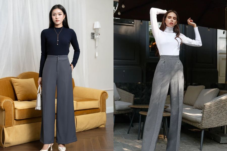 Áo giữ nhiệt phối quần tây ống rộng