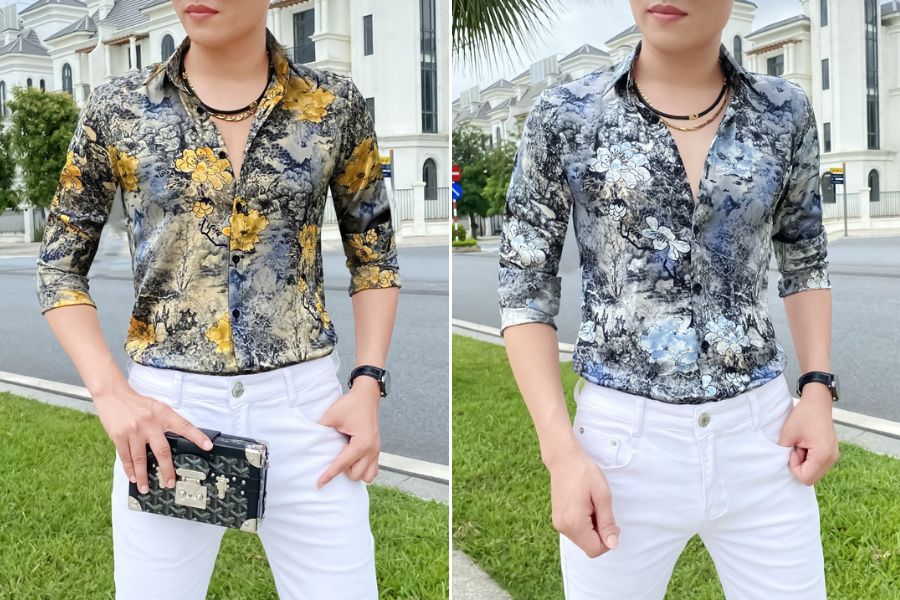 Áo sơ mi vải gấm hoạ tiết