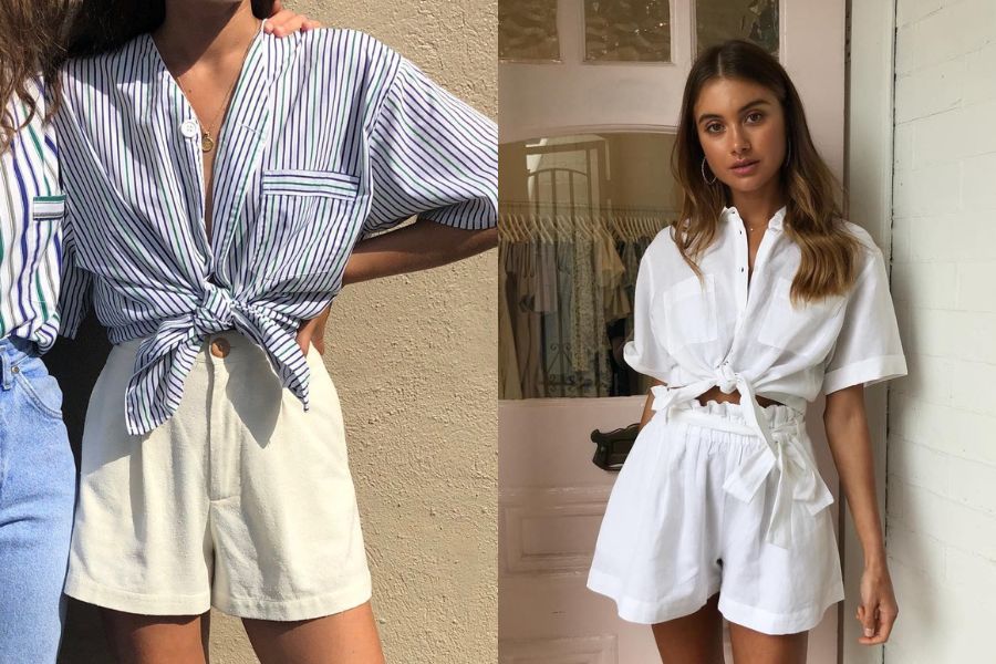 Áo sơ mi buộc nút mix quần short