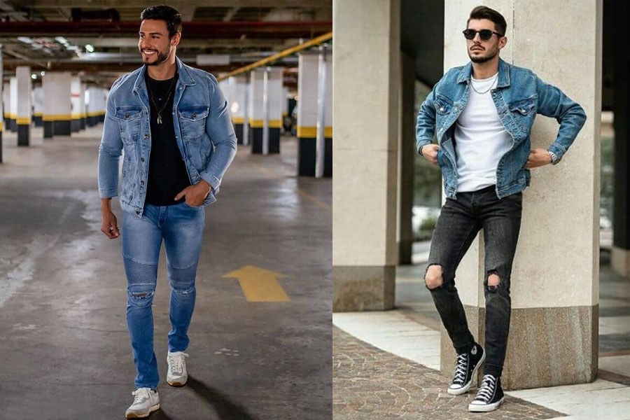 Quần jean rách nam với áo khoác denim