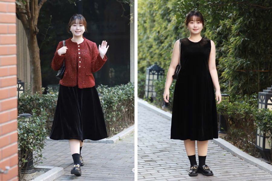 Phối váy chữ A với áo khoác dạ tweed màu đỏ đất