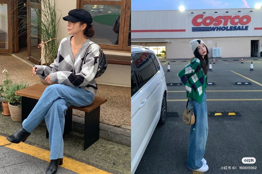 Áo len họa tiết ô kim cương phối quần jean ống đứng