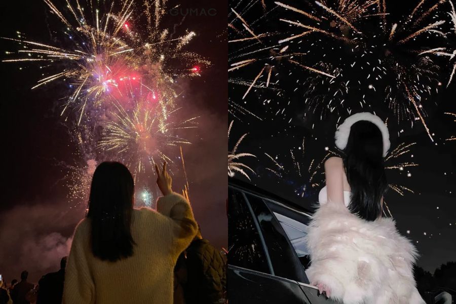 tạo dáng chụp ảnh quay lưng lại với pháo hoa đêm giao thừa